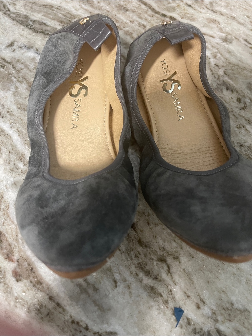 Yosi Samra Gray Suede Scalloped Edge Ballet Flats with Gold Accent